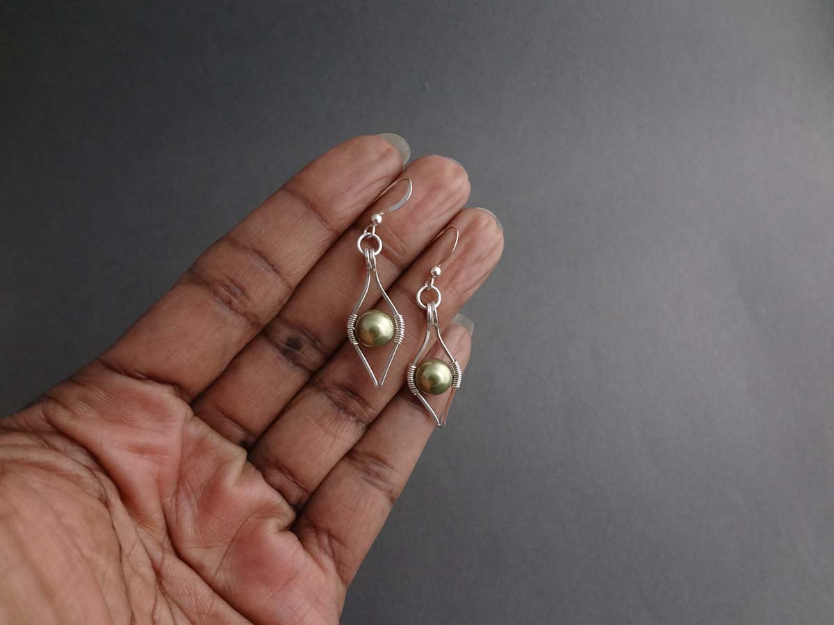 Lotus, green Pearls and Silver dangle earrings made by hand