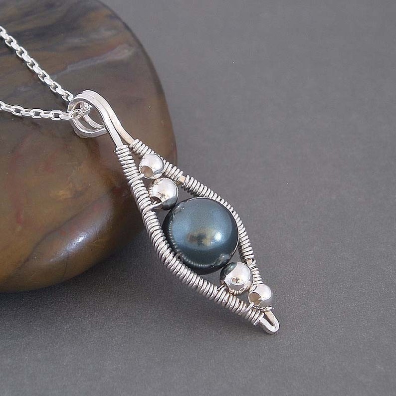 Lotus Wire Wrapped  Blue pearl Necklace