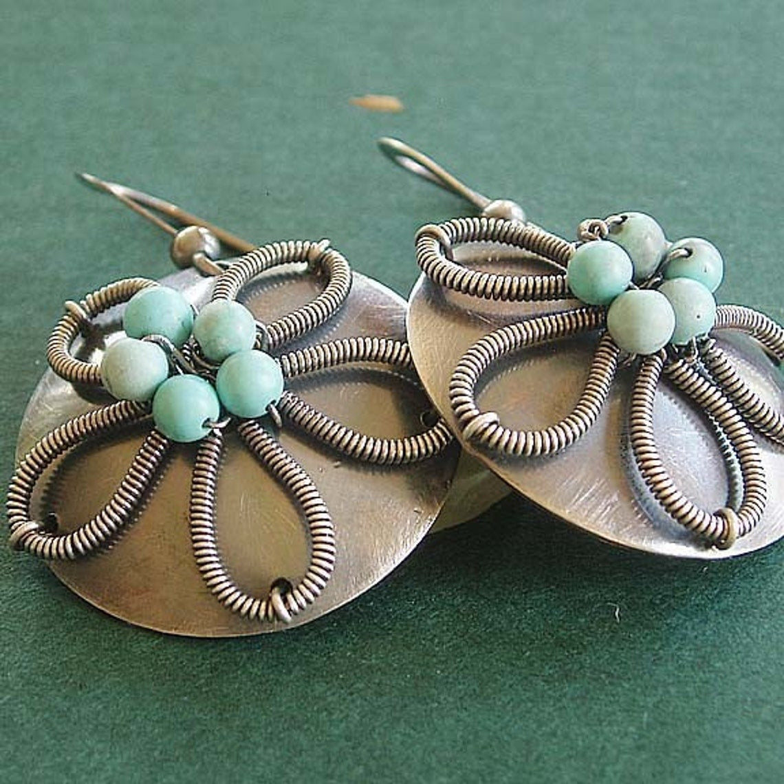 Flower Silver dangle earrings made by hand with turquoise