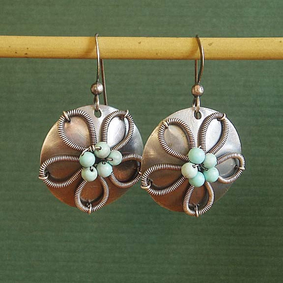 Flower Silver dangle earrings made by hand with turquoise