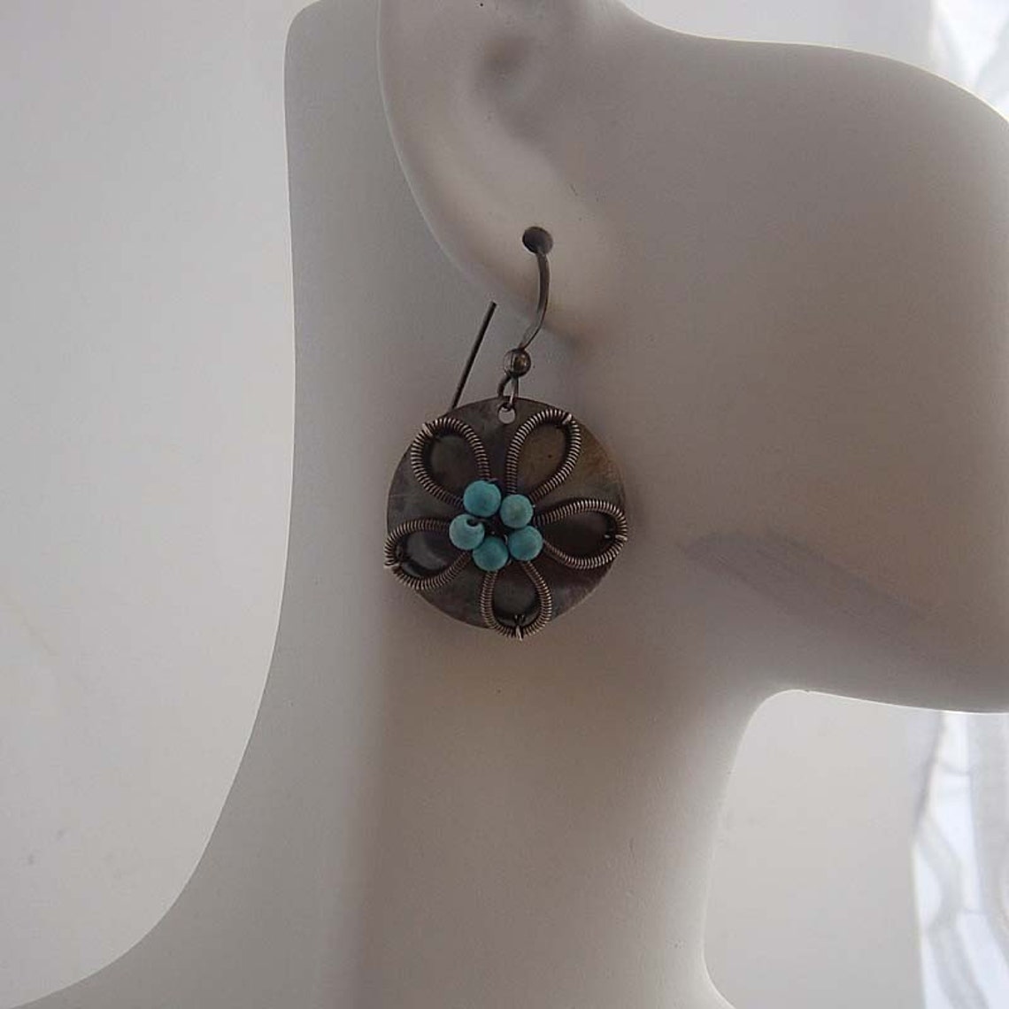 Flower Silver dangle earrings made by hand with turquoise