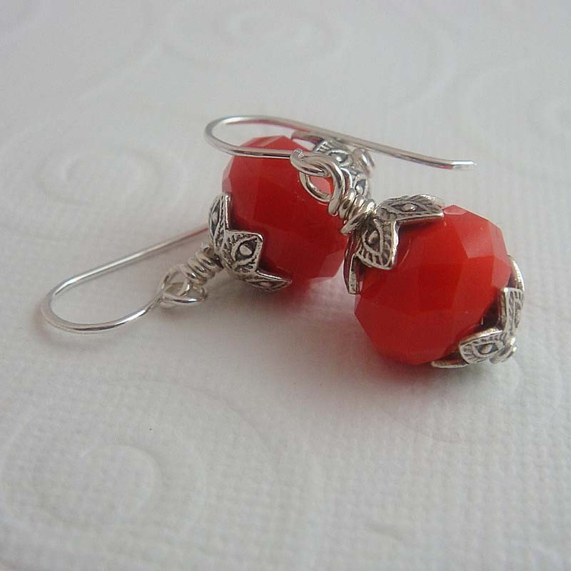 Iris fiery orange Silver dangle drop earrings made by hand