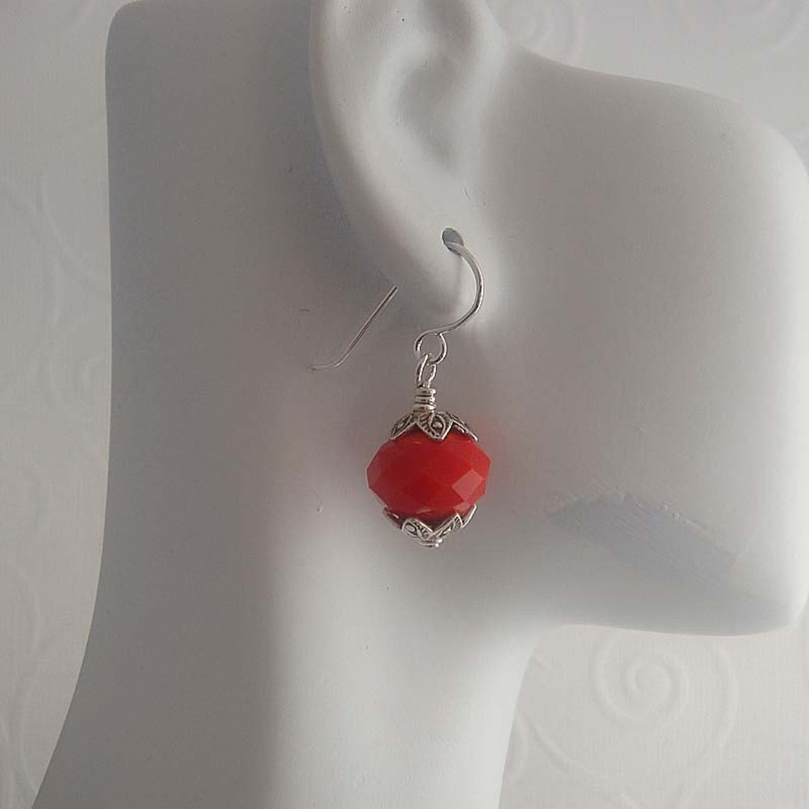 Iris fiery orange Silver dangle drop earrings made by hand