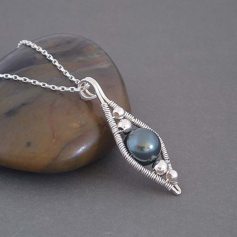 Lotus Wire Wrapped  Blue pearl Necklace