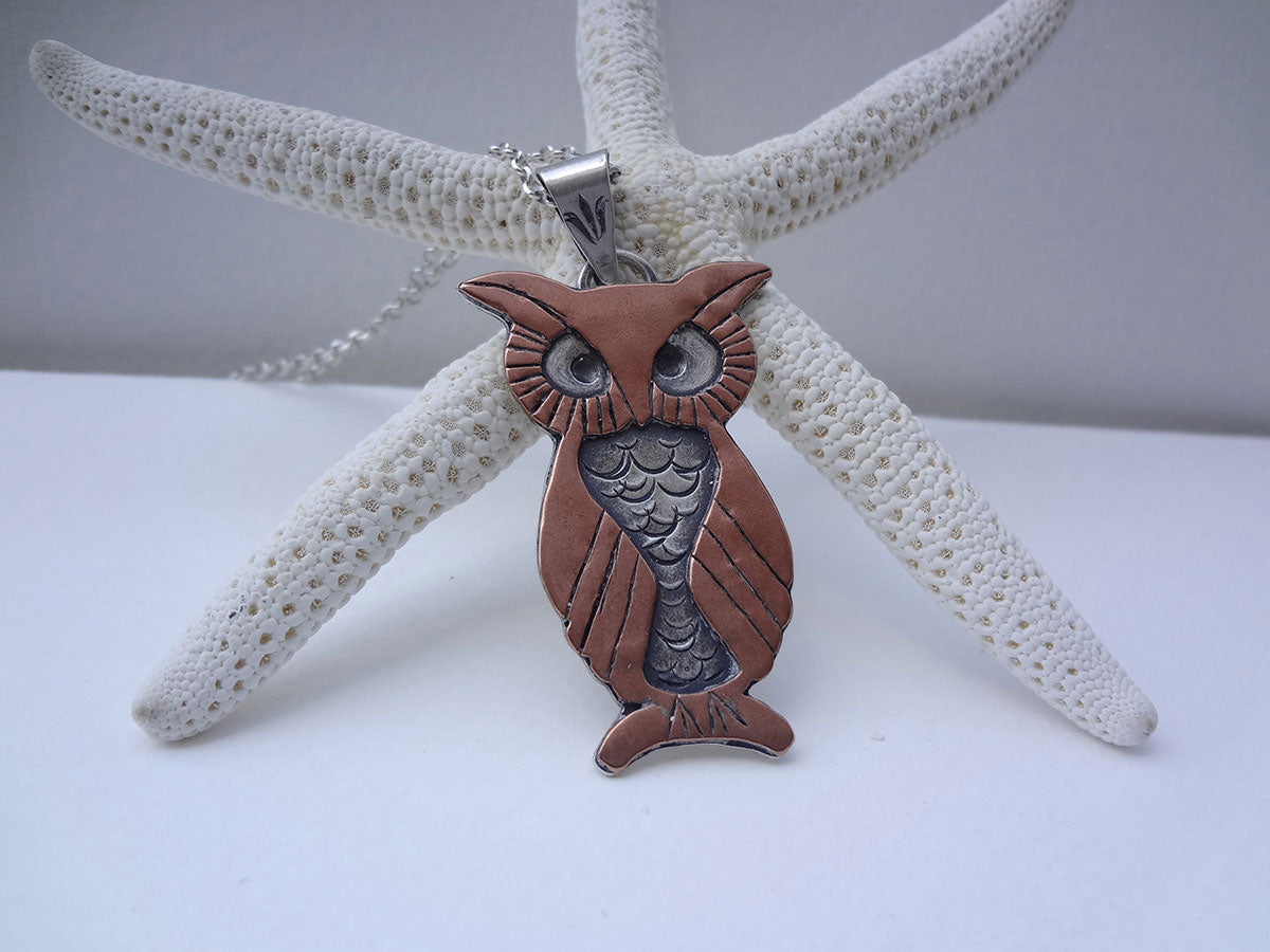 Silver and copper Mixed Metal Owl Necklace pendant