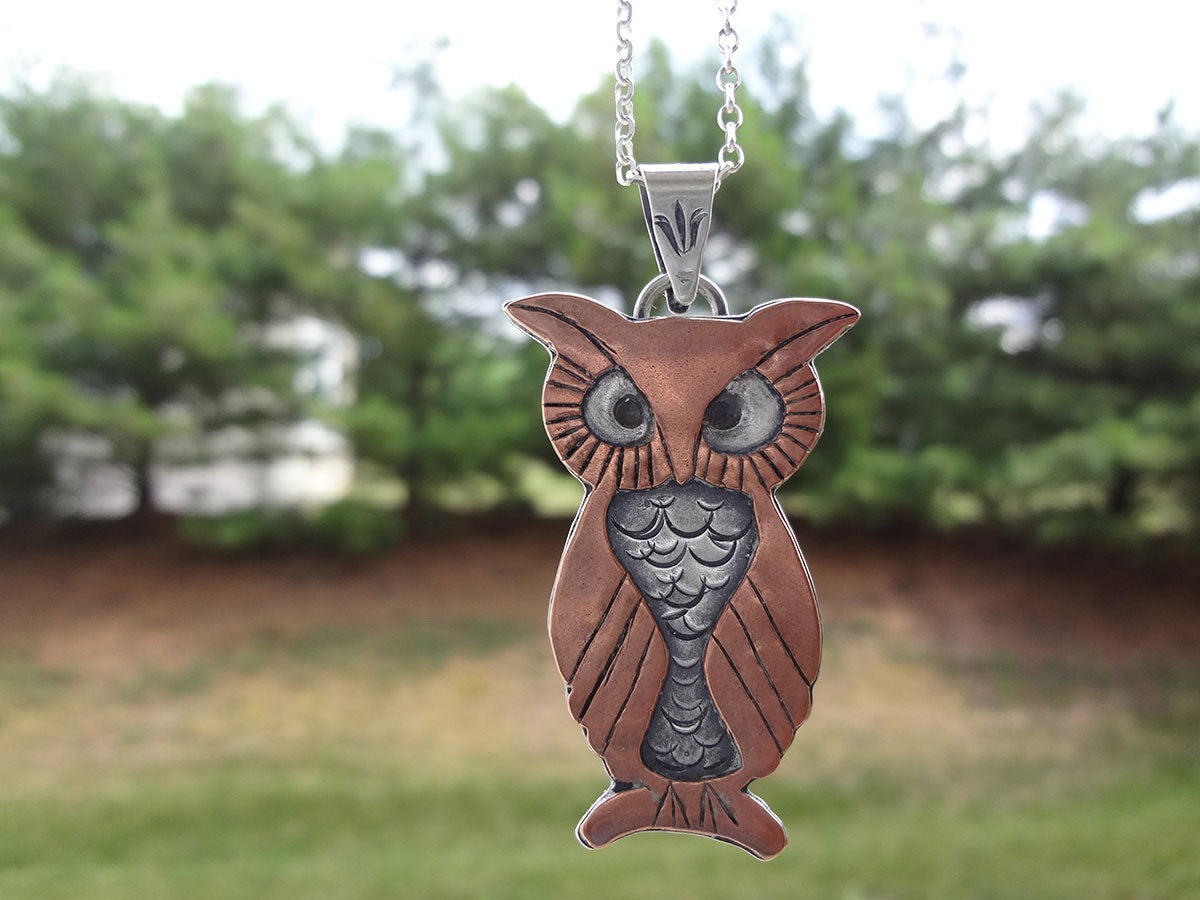 Silver and copper Mixed Metal Owl Necklace pendant