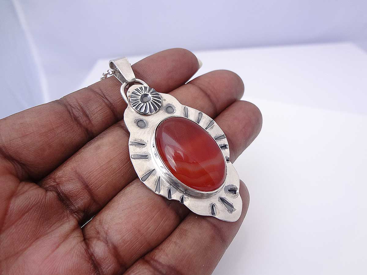 Poku Handcrafted Carnelian and silver necklace pendant