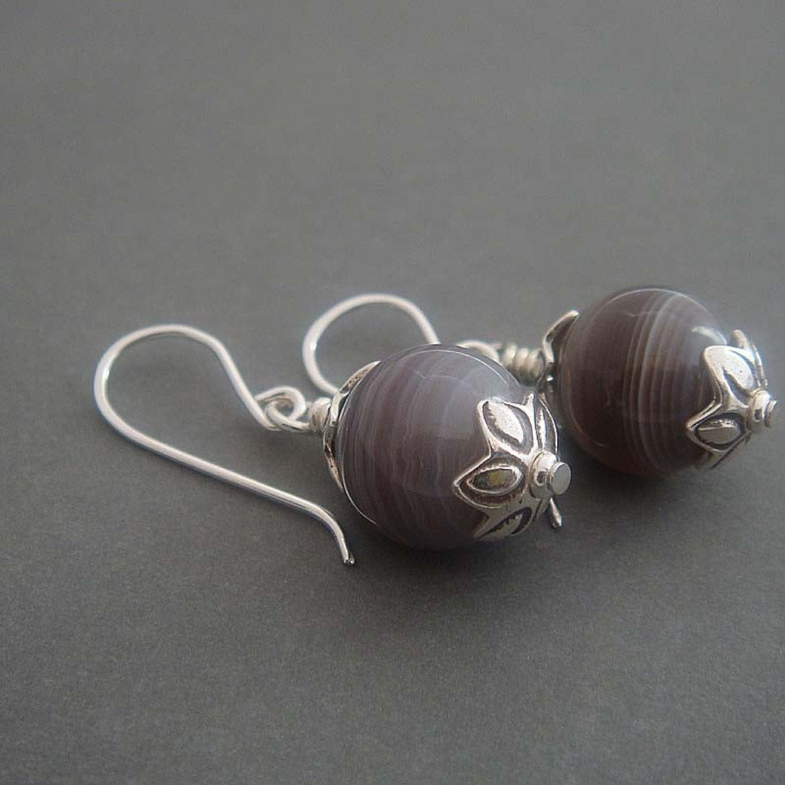 Safari Silver dangle drop earrings made by hand with Bostwana Agate