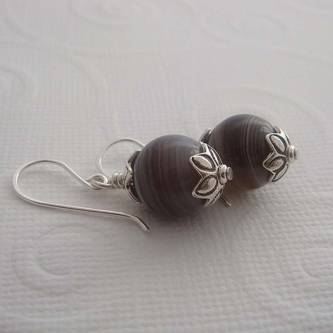 Safari Silver dangle drop earrings made by hand with Bostwana Agate