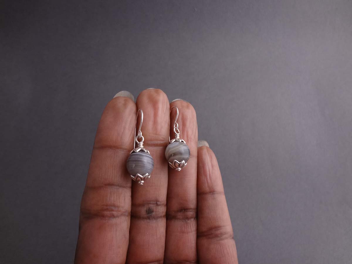 Safari Silver dangle drop earrings made by hand with Bostwana Agate