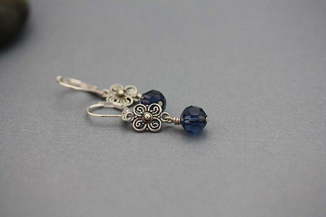 Skye Silver dangle earrings made by hand with blue Crystals