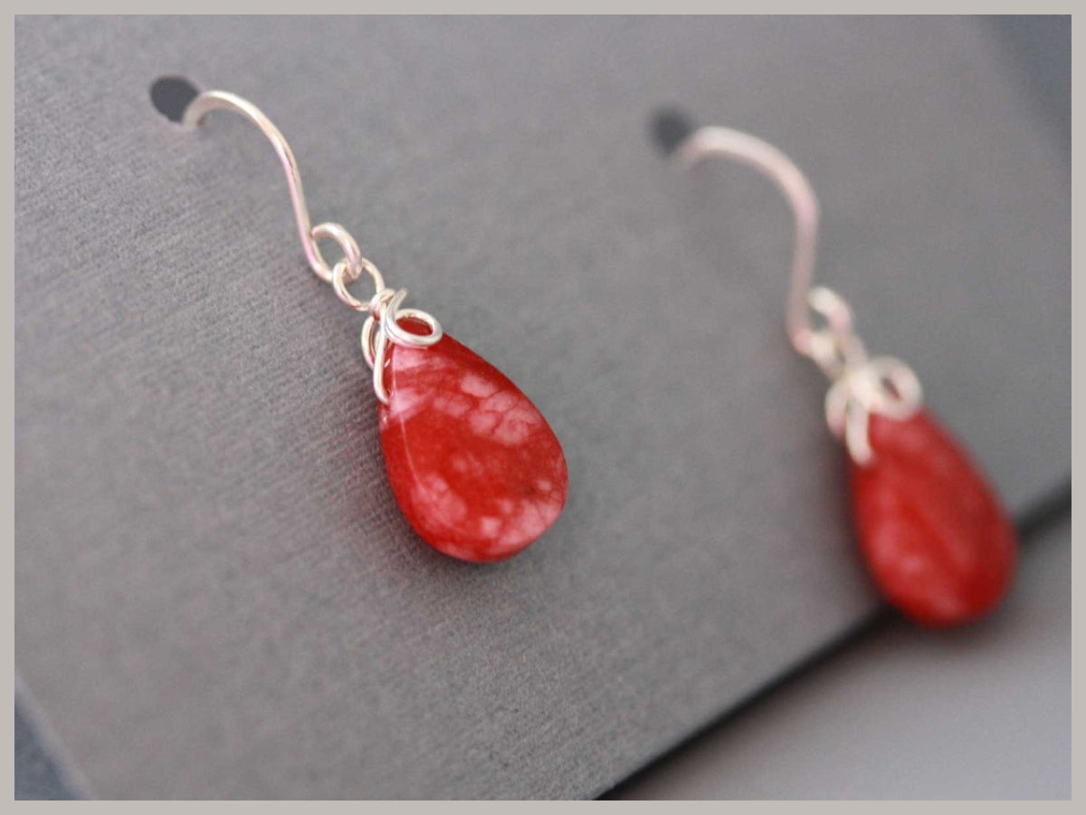 Suri, coral and Silver dangle earrings made by hand