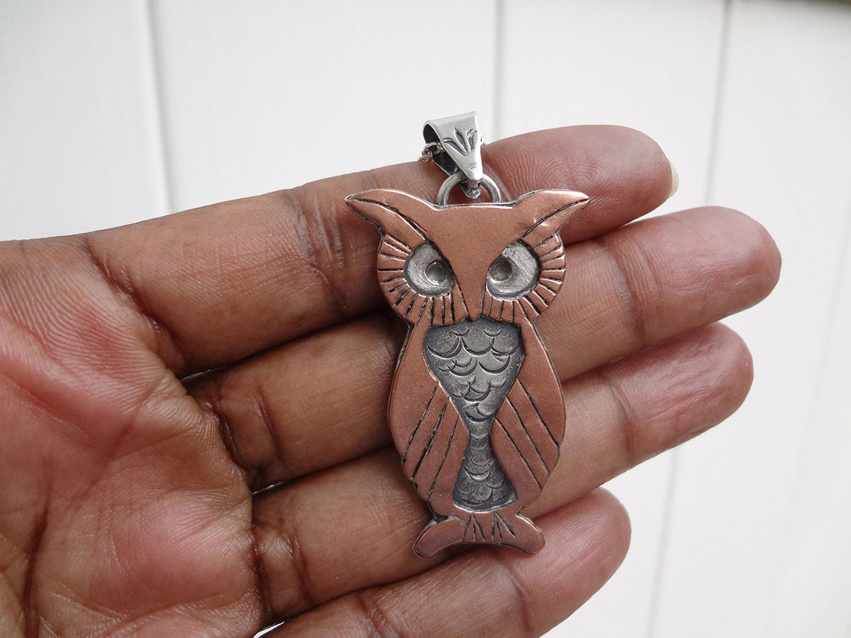 Silver and copper Mixed Metal Owl Necklace pendant