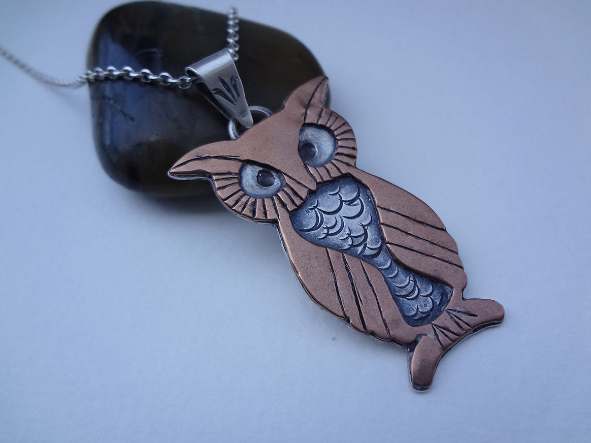 Silver and copper Mixed Metal Owl Necklace pendant